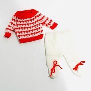 Vintage 80s Preemie Baby Doll Red & White Knit 2pc Outfit